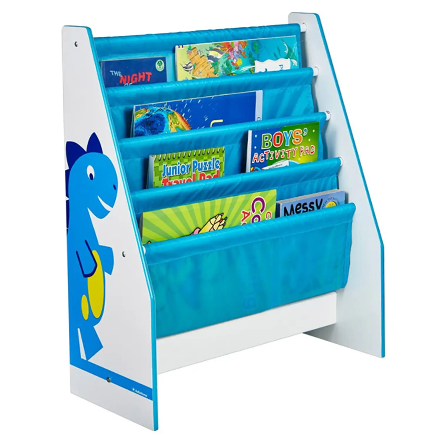 Kids Dinosaur Sling Bookcase Blue White Book Shelf, Wooden Furniture Children's Bedroom Playroom Furniture Storage 4 Shelves