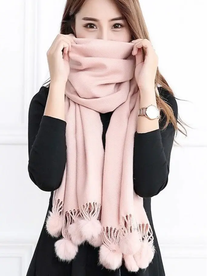 Plain Wool Mix Fringe Fur Pom Pom Scarf Shawl