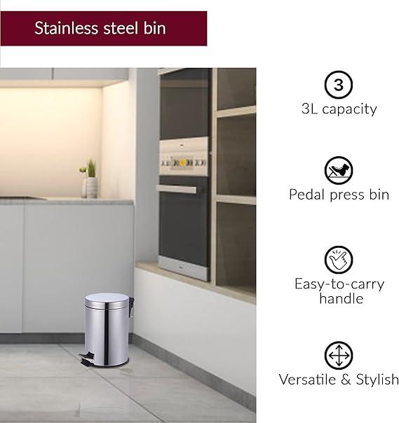 Essentials Round Stainless Steel Pedal Bin 3L Dustbin Size 26x17cm for Kitchen and bathroom, Chrome, 3 Litre 1