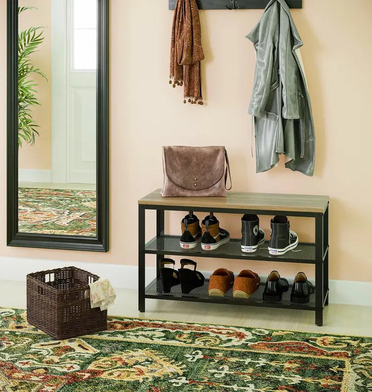 Hallowood Furniture Malvern 2 Tier Metal Shoe Rack with Wooden Oak Effect Top, Modern Shoe Storage, Shoe Rack Storage Organiser Shelf, Small Entryway Bench, Narrow Shoe Rack for 6 Pairs of Shoes 0
