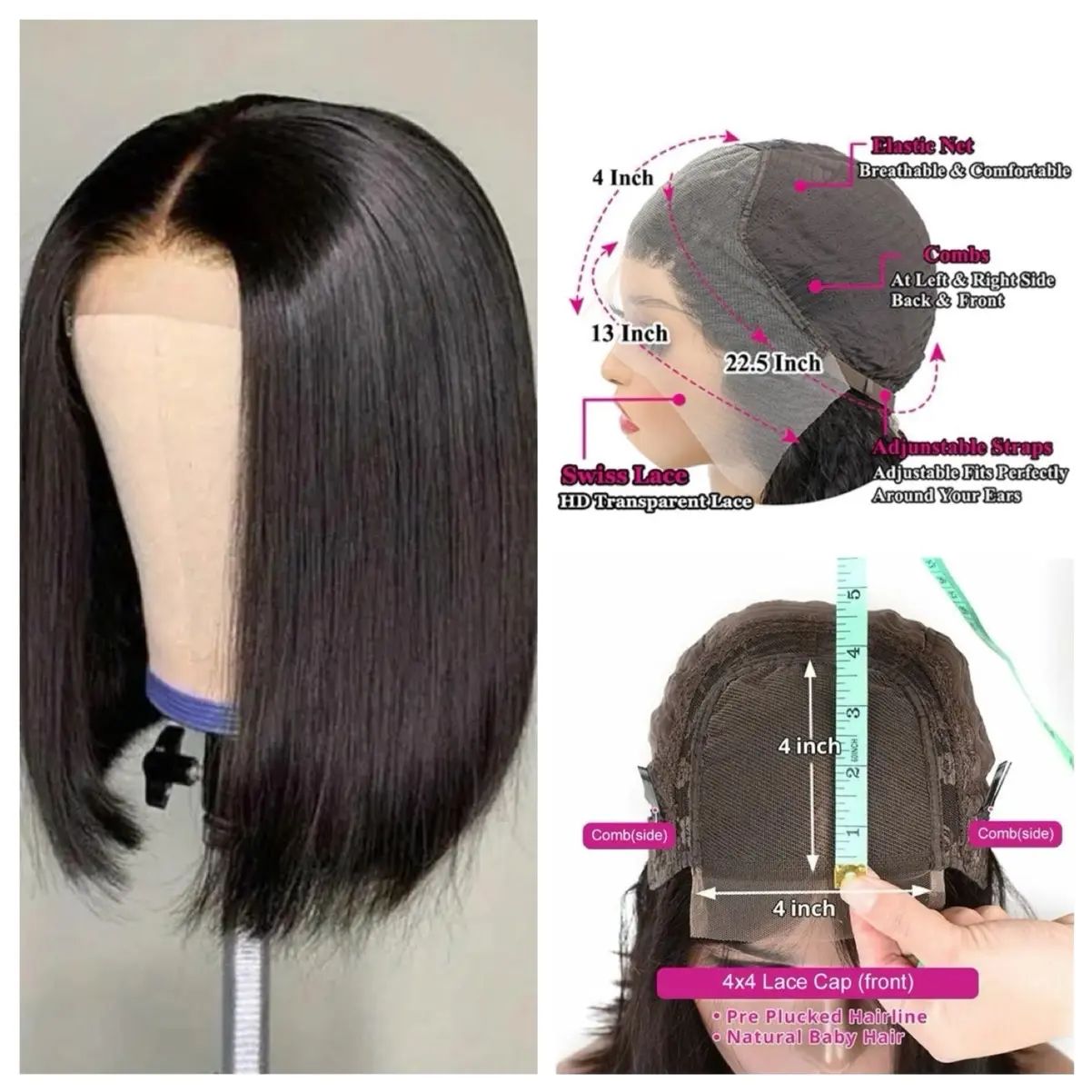 Straight Bob 4*4 Lace closure 180% density Natural colour virgin human hair