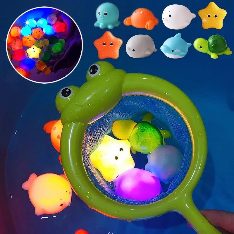 Cute Animals Bath Toy Swimming Water LED Light Up Toys Soft Rubber Float Induction Luminous Frogs for Kids Play Funny Gifts 0