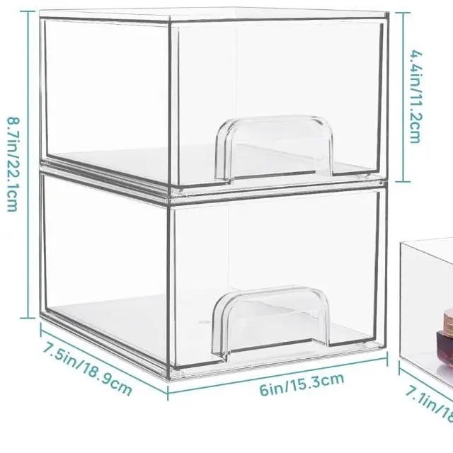 2 Pack Stackable Storage Drawers, Acrylic Organiser with 16 Non-slip Mat, Bathroom Storage Drawers for Dresser, Bathroom Box Boxes Transparent