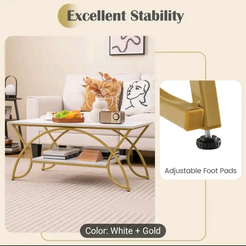 Modern Faux Marble Coffee Table, 2-Tier Rectangular Accent Table with Gold Finished Metal Frame, Chic Cocktail Table with Storage Shelf, Snack End Table for Living Room & Lounge 1