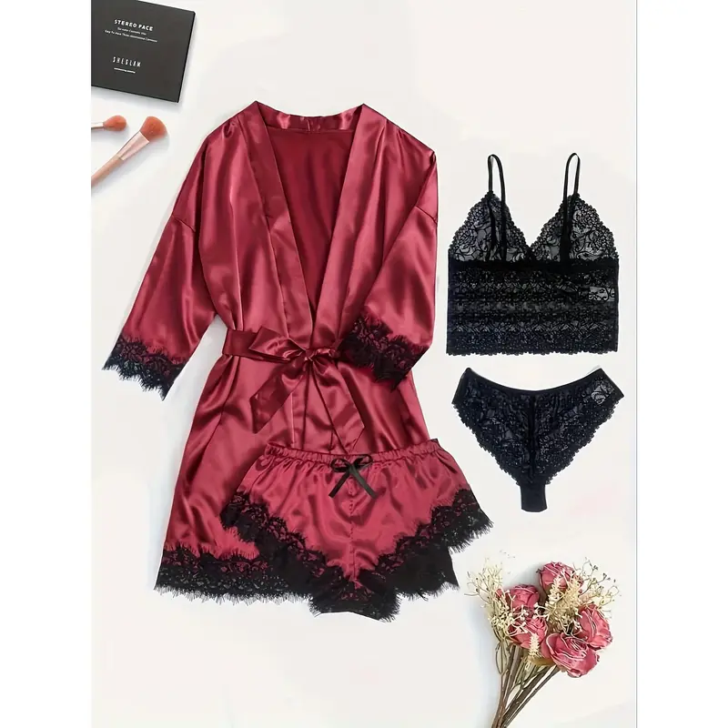 Elegant Satin Breasted Set With Lace Contrast, Three-Quarter Sleeve Gown With Belt And Camisole Bra And Trousers And Elastic Shorts, Home Wear For Women Womenswear Lingerie 4