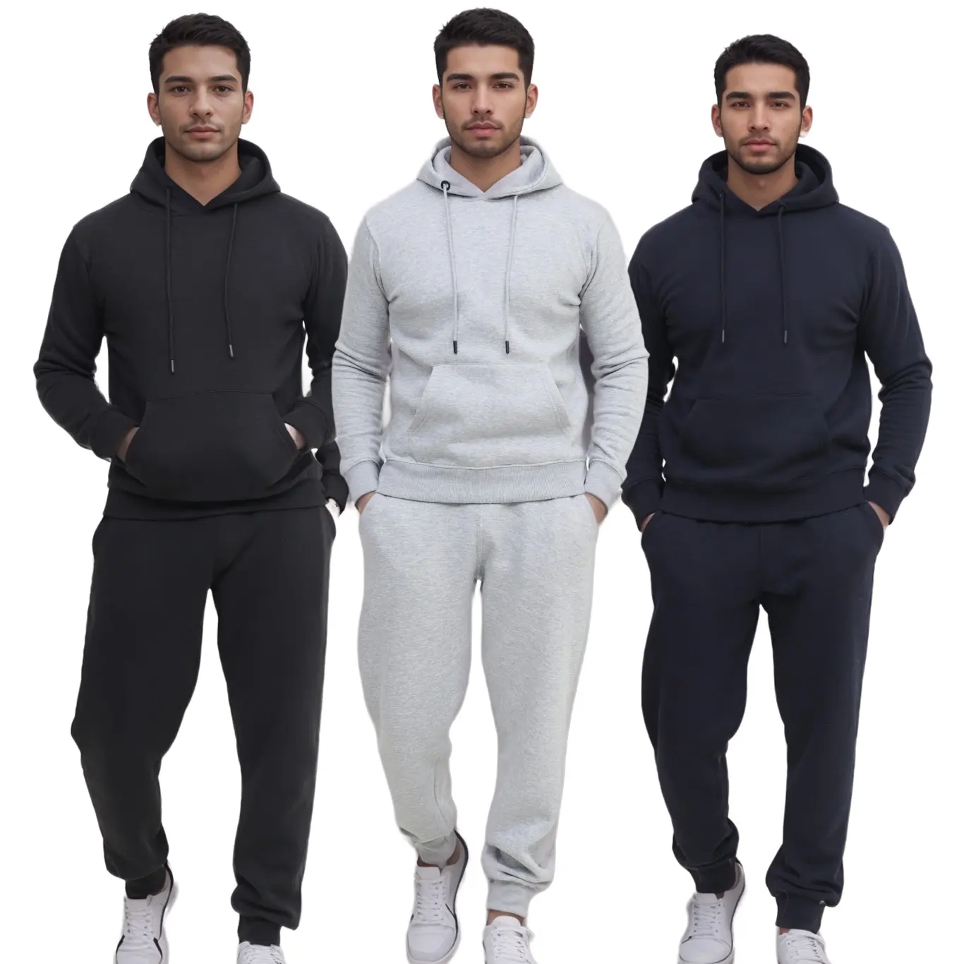 Men 2Pc Tracksuit with Hoodie and Drawstring Sweatpant - Long Sleeve, Plain - Overalls Pullover Jogger Outfit Breathable Casual Menswear Loungewear