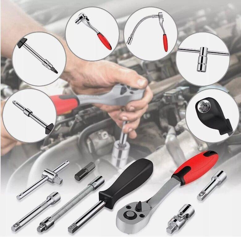 46 PCS 1/4" DR Ratchet Socket Wrench Set Mechanic Tool Kit Extension Bar Repair 7