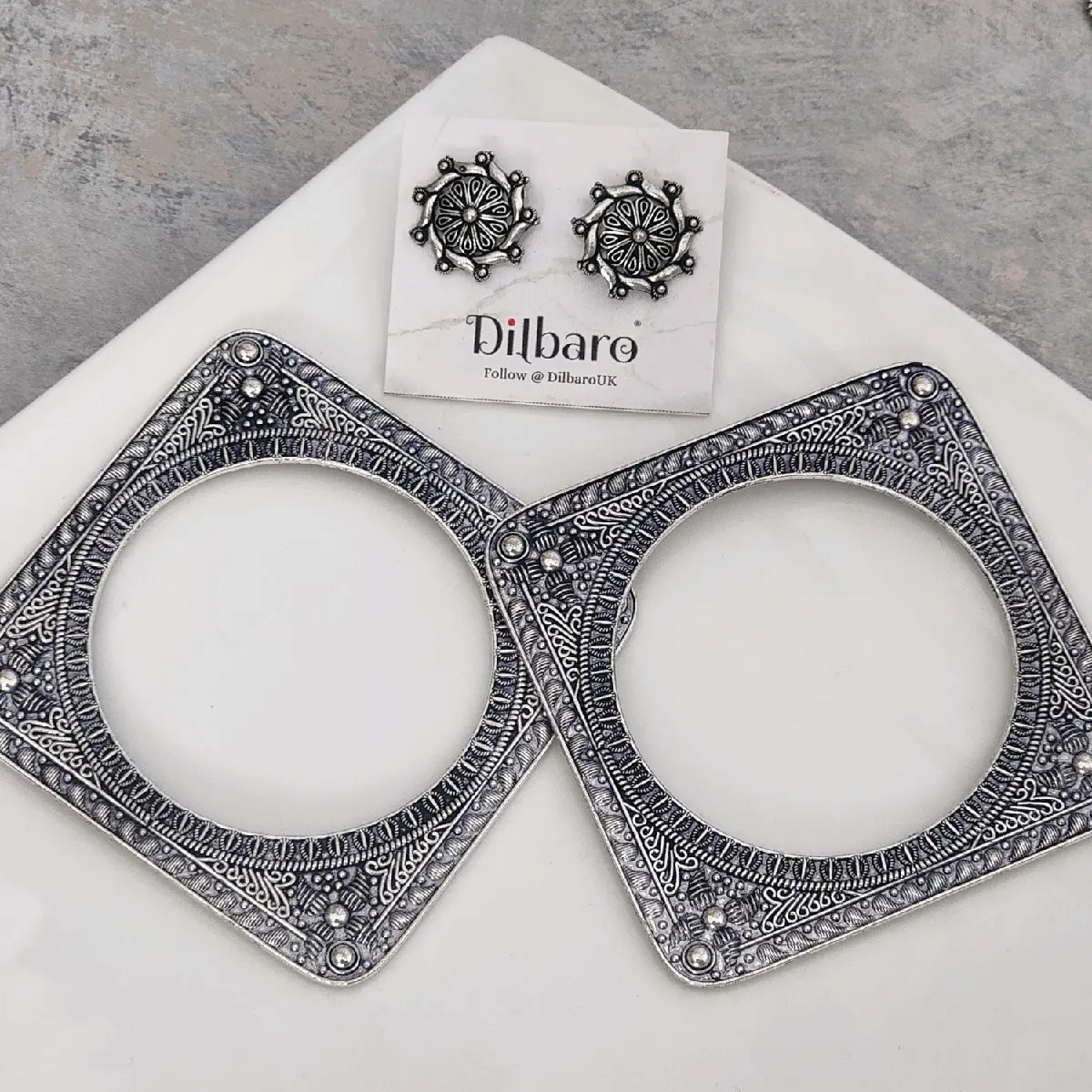 Set of Bangles (2x6cms Medium Size) and stud Earrings Asian Jewellery Affordable Jewellery pair of Silver Oxidised Bangle and earrings from Dilbaro