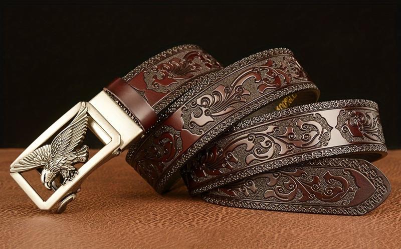 Product Introduction of 1PC Carved Cowhide Men's Autobuckle Belt, Vintage Style, Suitable for Casual & Business Wear, Great Gift for Husband and Father 10