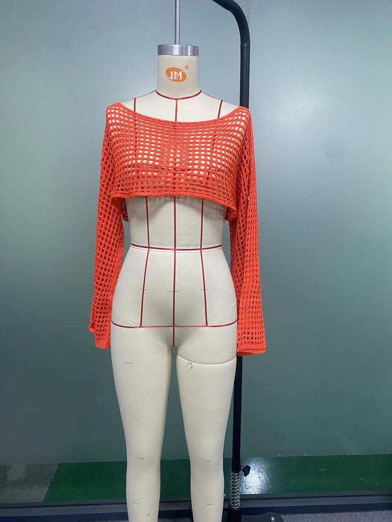Product Introduction of Women Big Fishnet Long Sleeve Cropped Sweaters Summer Fashion Lady O-Neck Flare Sleeve Hollow Out Short Knitted Pullovers Knitwear Womenswear 6