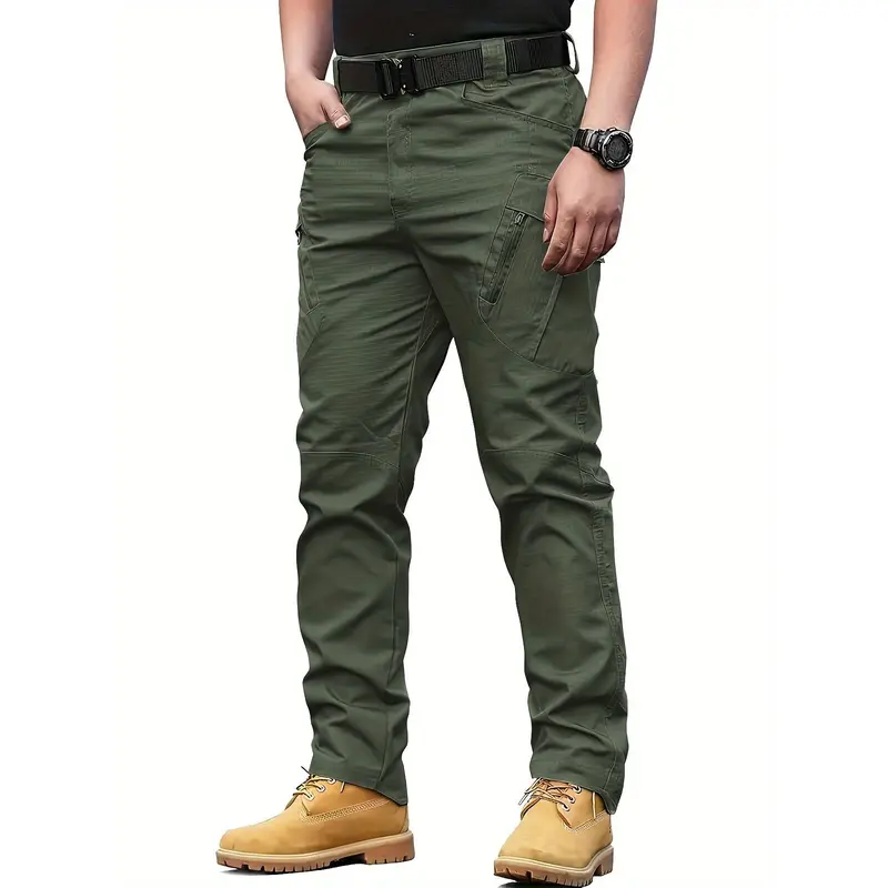 Multi Pocket Men's Tactical Pants, Loose Casual Outdoor Military Pants Without Belt, Mens Cargo Pants For Hiking Menswear Trouser Beige Plain Yellow 3