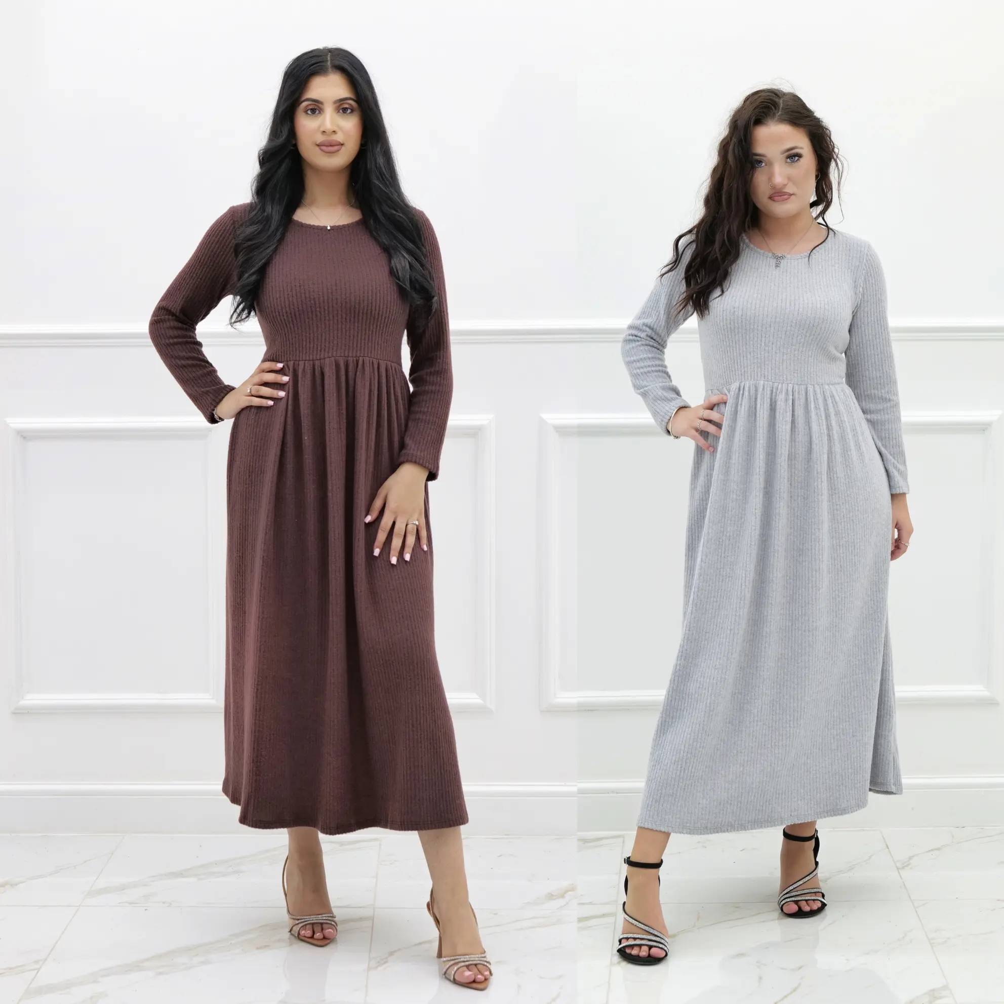 Long Length Ribbed Jersey Dress Warm & Cosy Womenswear Long Sleeve Comfort Basic Casual Chic