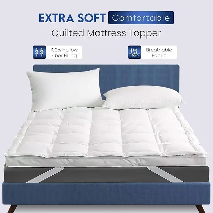 Mattress Topper (4 Inch/10cm) Thick, Quilted Extra Deep Mattress Topper, Super Fluffy & Breathable Microfiber Mattress Topper with Elasticized Straps 6
