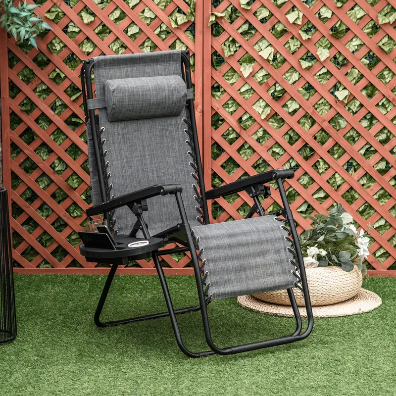 Outsunny Zero Gravity Garden Deck Folding Chair Patio Sun Lounger Reclining Seat with Cup Holder & Canopy Shade - Grey 1