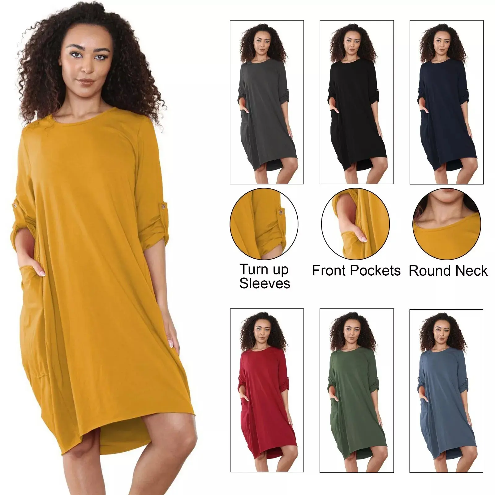 Women's Oversized Lagenlook Midi Dress | Turn Up Sleeve Baggy Tunic with Pockets | Italian Style Casual Comfort