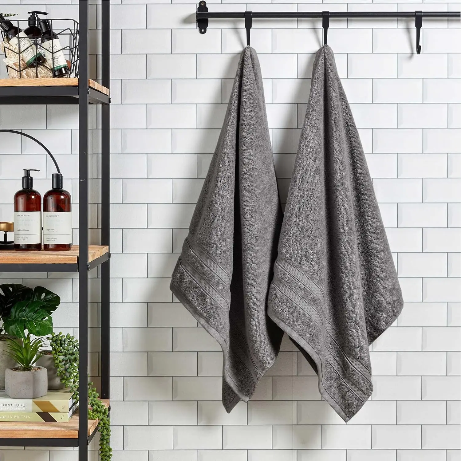 Set of 2 | Highly Absorbent Heavyweight 475GSM | Bold and Bright | Soft Velvety Smooth Bathroom Shower Towels | 100% Cotton | Sustainably Made | Ash Grey Pack Border Gifts Yarn
