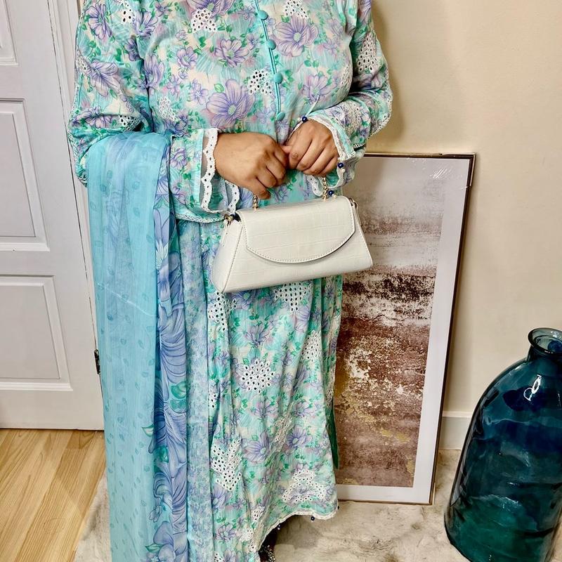 Chikankari Elegance 3 Piece Lawn Suit with Pastel Floral Print, Soft Fabric, and Matching Trousers Dupatta Embroidery Overalls Elegant Fit regular sleeve chic multicoloured casual 7