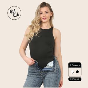 RELA RELA Premium Figure Hugging Fits Everybody Sleeveless High Neck Stretch Woven Double Layered Bodysuit UK 6-16 Womens Body Shaping Basic Casual Womenswear