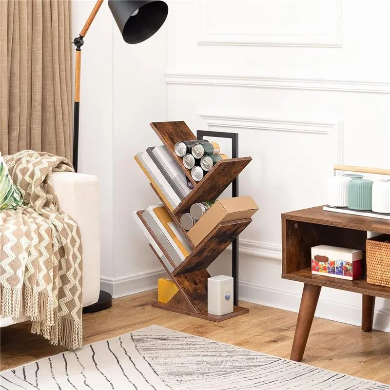 Tree Bookshelf, Tree Shaped Book Shelves, Floor Free Standing Desktop Bookshelf, Display Book Magazine CDs Rack, Rustic Brown EBF04SJ01G1 3