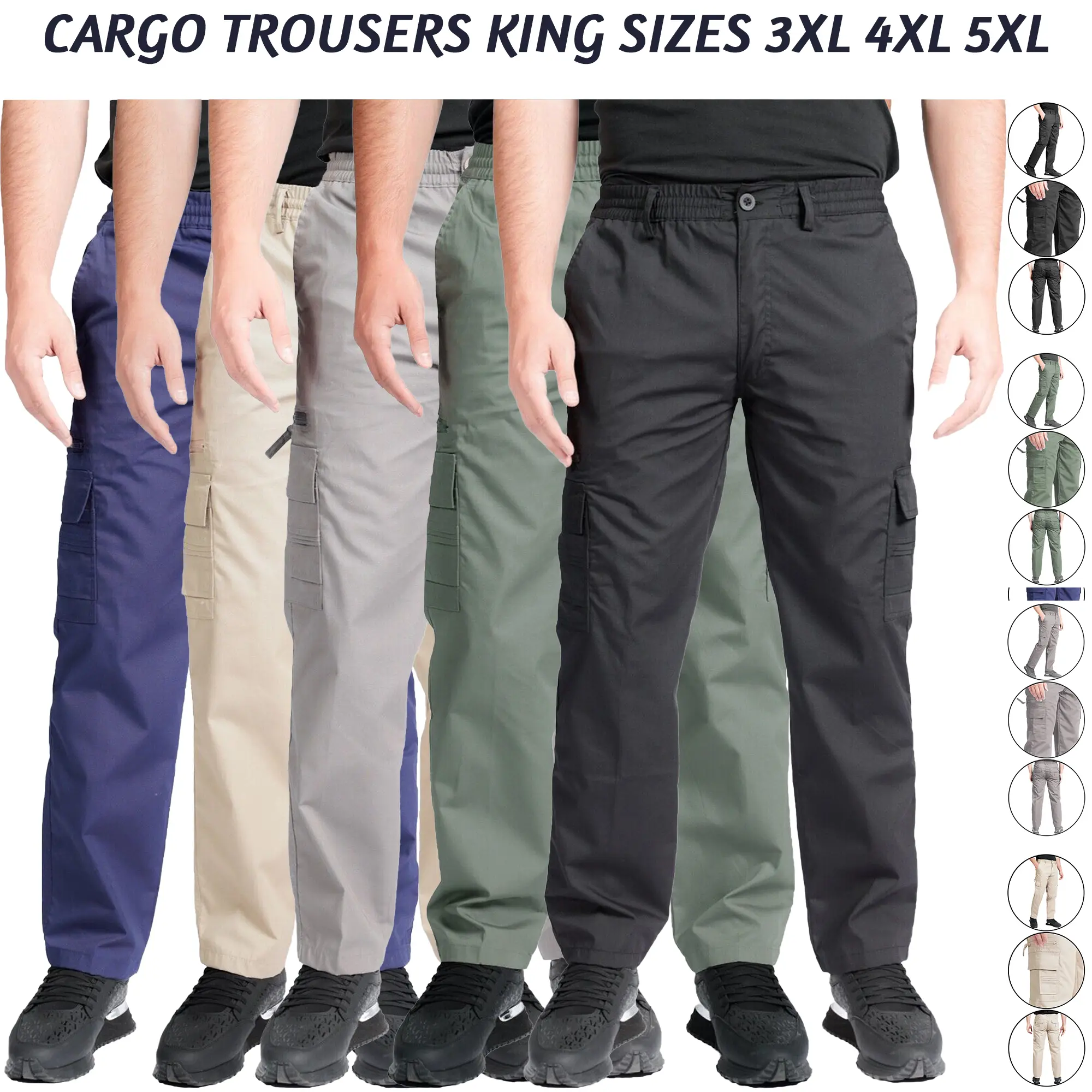 Big Size Mens Cargo Combat Trousers Elasticated Pants Pocket Plus Size Work Cotton Bottoms 4XL 5XL 6XL Menswear