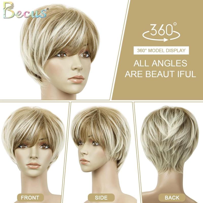 Blonde Pixie Cut Wigs for Women Fluffy Layer Lowlight With Root Stretch Synthetic Hair Pixie Wig with Bangs for Women Replacement Wig Daily Wear(Ash Blonde) 1