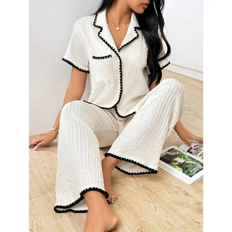 Women's Sweet Solid Textured Binding Pajama Set, Short Sleeve Buttons Lapel Top & Pants, Comfortable Relaxed Fit, Summer Nightwear