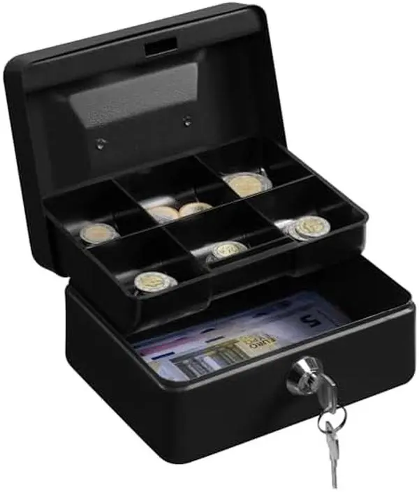 Money Box with Key - 6 inch Money Tin with Lock - Small Lockable Cash Box with Coin Tray for Petty Cash Coins Notes - Locking Metal Safe Box with 2 Keys - Black Matt