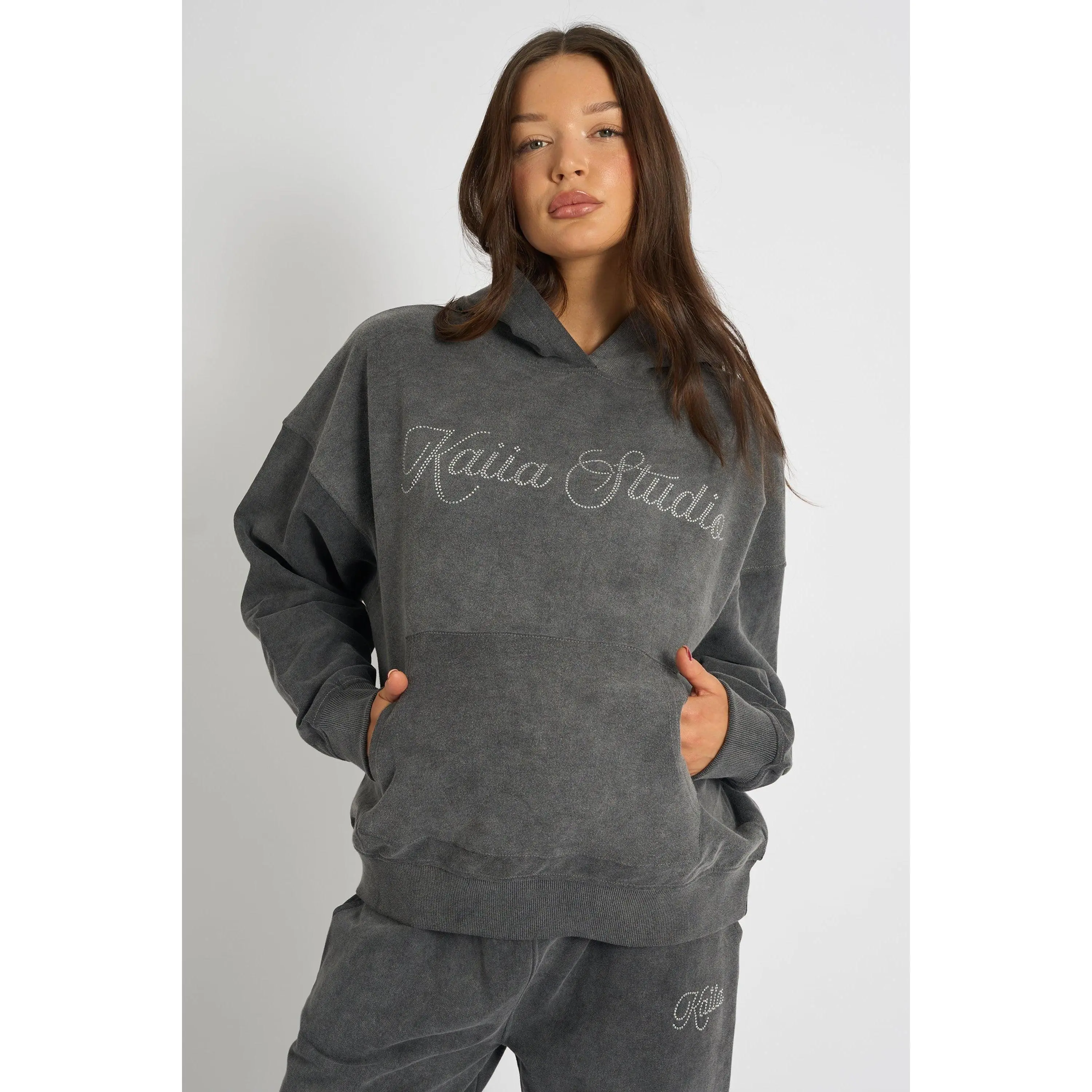 Kaiia Studio Diamante Embellished  Acid Wash Oversized Hoodie Dark Grey