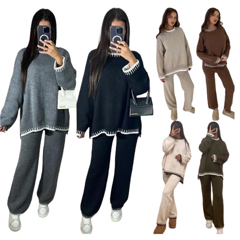 Ladies Knitted Stitched Wide Leg 2PCS Co-ord Suit Sweater Loungewear Set Casual Womenswear Overalls Comfort Long Sleeve Basic Clothing Minimalist 1