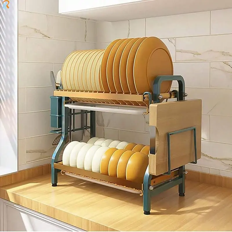 MILAN GOLD  2 Tier Dish Drainer Rack,Stainless Steel Dish Drying Rack,Kitchen Organizer Storage Shelf With Drainboard,Cutlery Holder,Cutting Board Holder,Knife Cup Utensil Holder 0