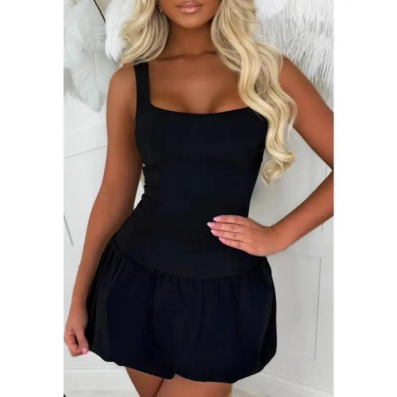 Chic & Sweet Black Stretch Square Scooped Neck Puff Ball Mini Dress 2