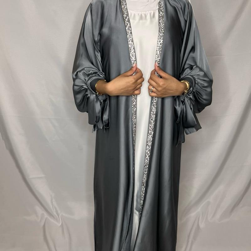 Layan Satin 3 Pcs Abaya Set- Women's Satin Tie Sleeve Abaya With Hijab, 3 Pcs Abaya Set, Abaya for Women, Muslim Clothes, Modest Outfits 2