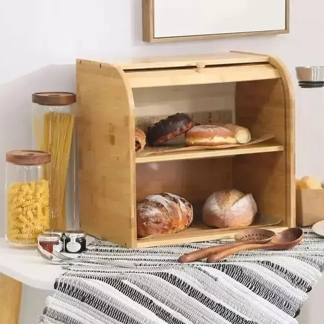 2 Tier Bread Bin with Double Layer Slide Roll Top Design | Sturdy Food Storage Box for Kitchen | Space Saving Organizer for Bread, Fruits, Snacks & Bakery Essentials | Modern Two Tier Bread Box for Home Use | Countertop Food Storage Rack | Kitchen Storage 8