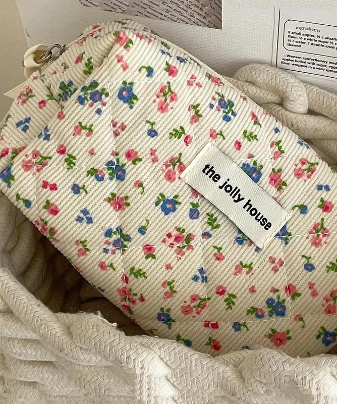 Christmas Gift Ditsy Chic Floral Design Quilted Makeup Bag Set - 3 Count Corduroy Cosmetic Storage Bag for Outing and Travel - Durable & Easy Care 5