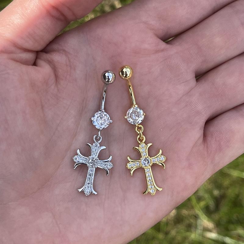 Cross Belly Button Piercing, Gold/Silver Rhinestones Navel Piercing, Pendant Dangle Belly Bar Piercing, Stainless Steel, Navel Rings Gothic ring bars 2