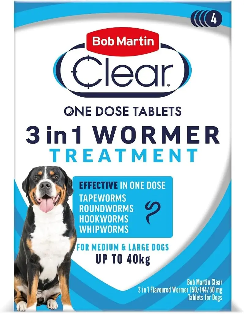 Bob Martin Clear 3-in-1 Wormer for Dogs (4 Tablets) - For Small, Medium and Large Dogs up to 40kg, Clinically Proven Treatment