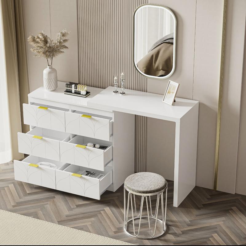 Product Introduction of Dressing Table with Side Table, Bedroom Dressing Tables, Office Table with 6 Drawers, Gold-Plated Handles, Rotating Table Top (180°), Floral Pattern, Shock-Resistant Rounded Corners, White (Without Mirror and Stool) 18