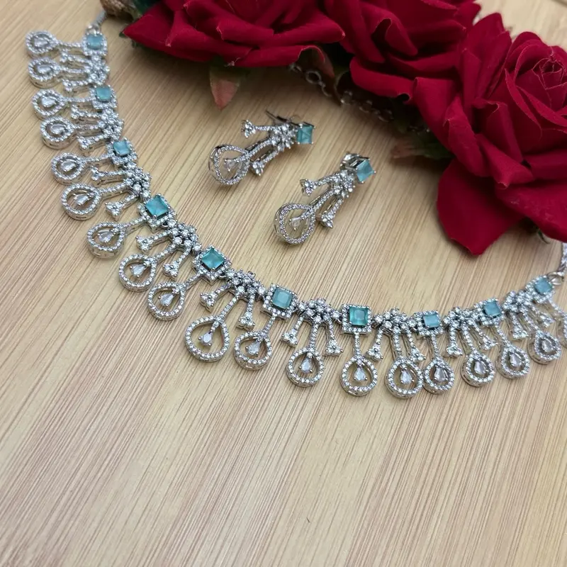 AD160 Mint Green White Stone American Diamond Necklace Earrings Set 1
