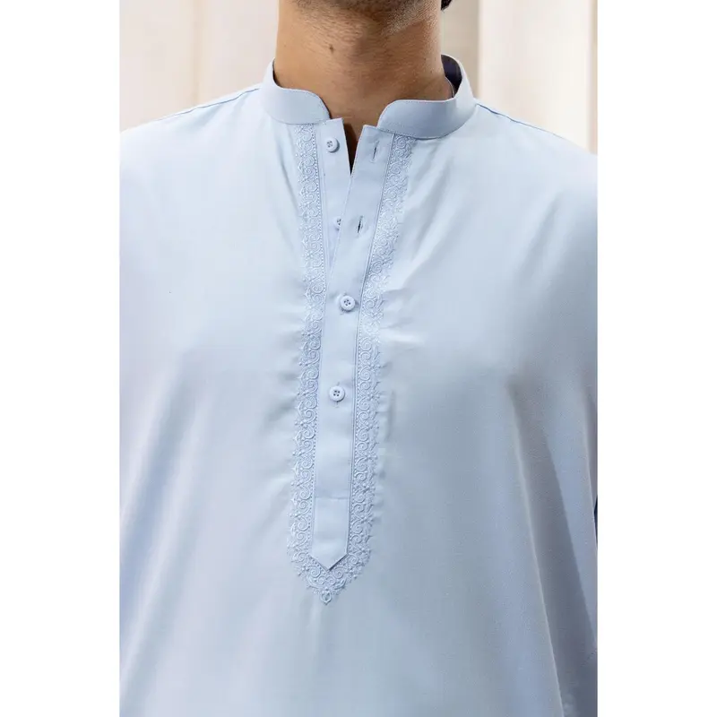 BS-SKY BLUE EMB - Kurta shalwar with simple self to self embroidery detailing around the neck line in soft polyester v 3
