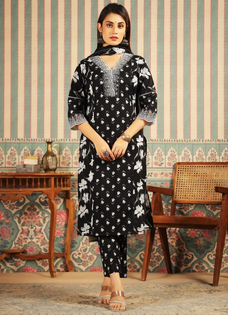 Product Introduction of Pure Cotton Black 3 pieces suit Indian Ladies Dress 1