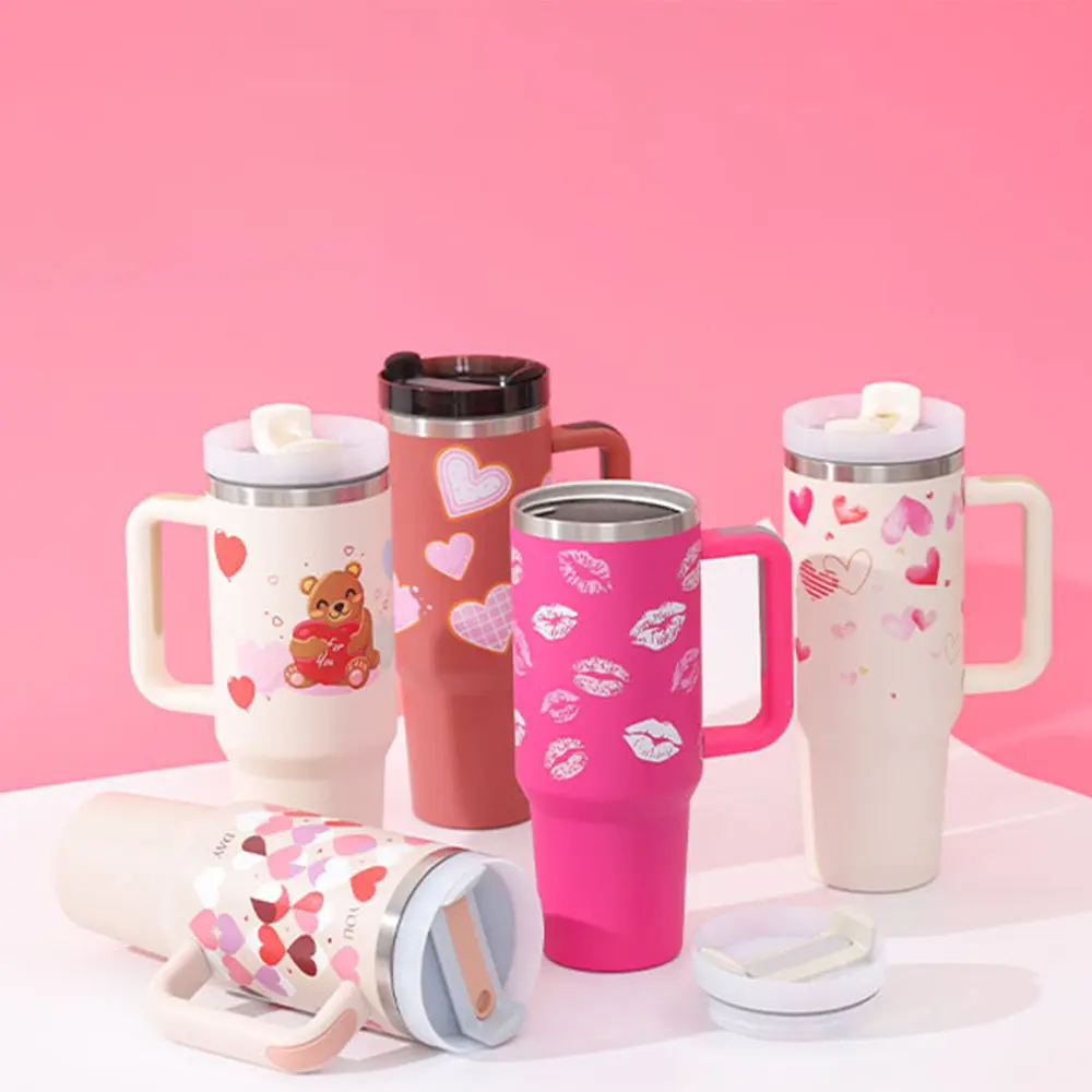 40 Oz Tumbler With Handle Straw Insulated, Stainless Steel Spill Proof Vacuum Coffee Cup Tumbler With Lid Tapered Mug Gifts For Valentine Lover Suitable For Car Gym Office Travel Drinkware Flasks
