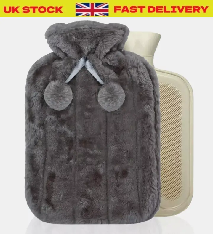 Large 2L Natural Rubber Hot Water Bottle With Warm Faux Fur Fleece Knitted Cover