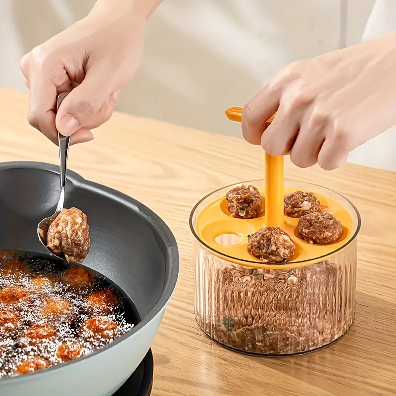 5-Hole Easy Press Meatball Maker with Lid - Transparent Multi-Function Kitchen Gadget for Perfectly Shaped Fish Balls, Meatballs & More - Food-Safe Plastic, Includes Scoop & Mixing Bowl, Cooking Accessory|Transparent Design|Easyclean Utensil, Meatball Mak 1
