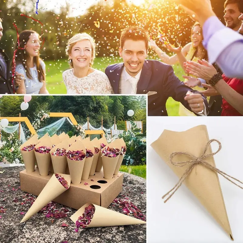 50Pcs Wedding Confetti Cones with Cones Tray Box Kraft Paper Cones Petals Bouquet Candy Chocolate Cones Holders for Wedding Party Favour Gifts, Include Hemp Ropes and Tape (Brown) 2