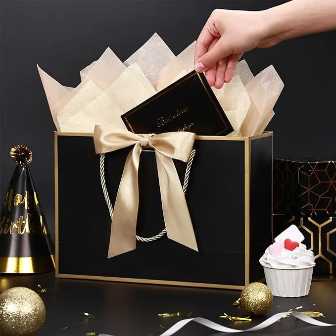 Gift Bags Medium, 2Pcs Paper Gift Bag with 4 Tissue Papers and 2 Cards, Present Bags with Handles for Women Girls Bridesmaid Birthday Valentines Wedding Party best for gifts and daily use 3