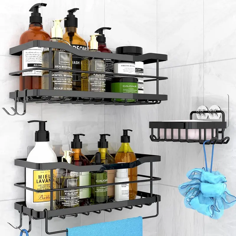 Shower Caddy Shelf Storage Bathroom Organiser Shelves No Drill with Soap Holder, Black Stainless Steel Adhesive Shower Rack Accessories with 4 Hooks for Bathroom Kitchen Organization 2+1 Pack 0