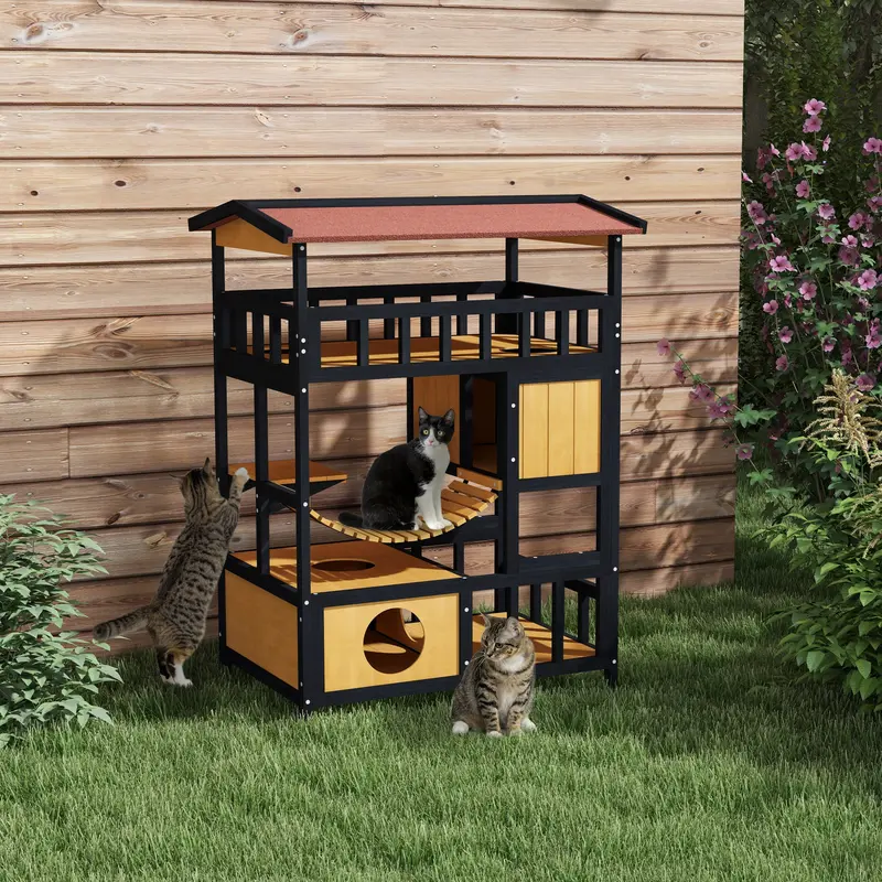 PawHut Cat House Wooden Cat Shelter Outdoor Cat House, 4 Tier Feral w/ Suspension Bridge, Balcony, Escape Doors, Water-Resistant Roof, for 1-2 Cats 2