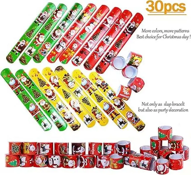 KY-Tech Christmas Slap Bracelets for Kids - 30pcs Wristbands for Xmas Party Bag Filler and Classroom Prizes - Gifts Metal Set Student Faux Leather