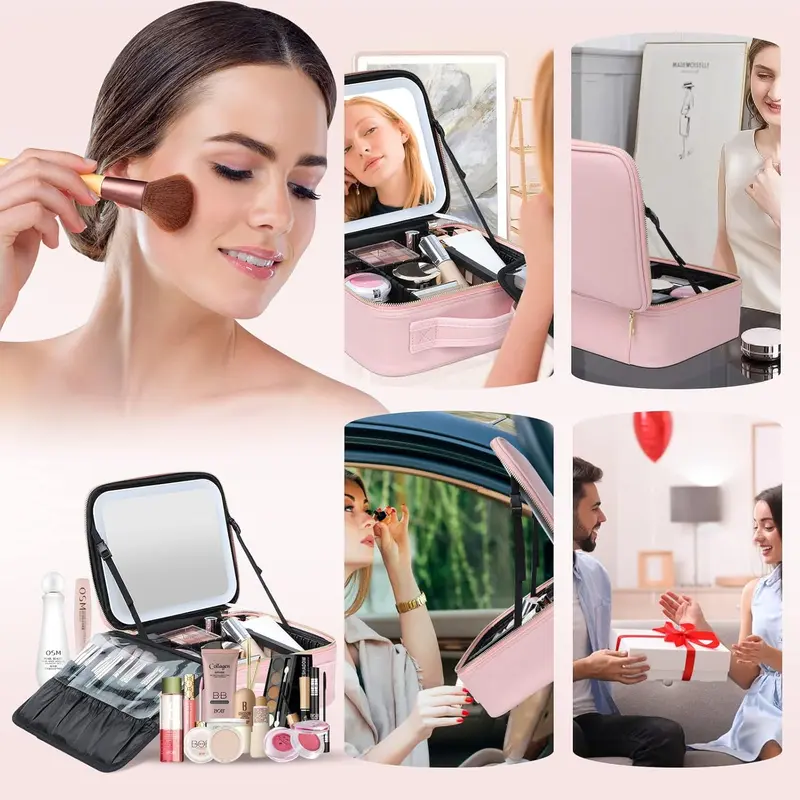 Travel Makeup Bag with LED Light Mirror 3 Color Adjustable Brightness, Waterproof Cosmetic Case Organizer with DIY Dividers, Toiletry Makeup Case Christmas Gift for Her 1