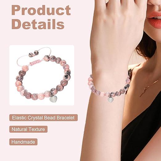 Anxiety Bracelet, Natural Stone Healing Bracelet Ajustable Drawstring Gemstone Beads Bracelet Pink Zebra Bracelet with Heart Charm Message Card for Women Teen Girls Christmas Birthday Gifts 2